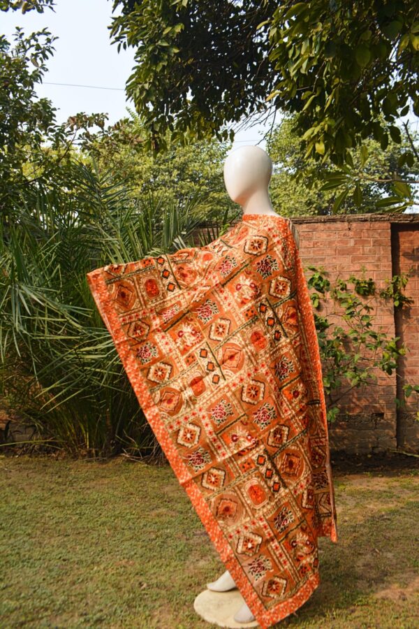 Embroidered Bakhtawar Dupatta - Orange Flora - Image 3