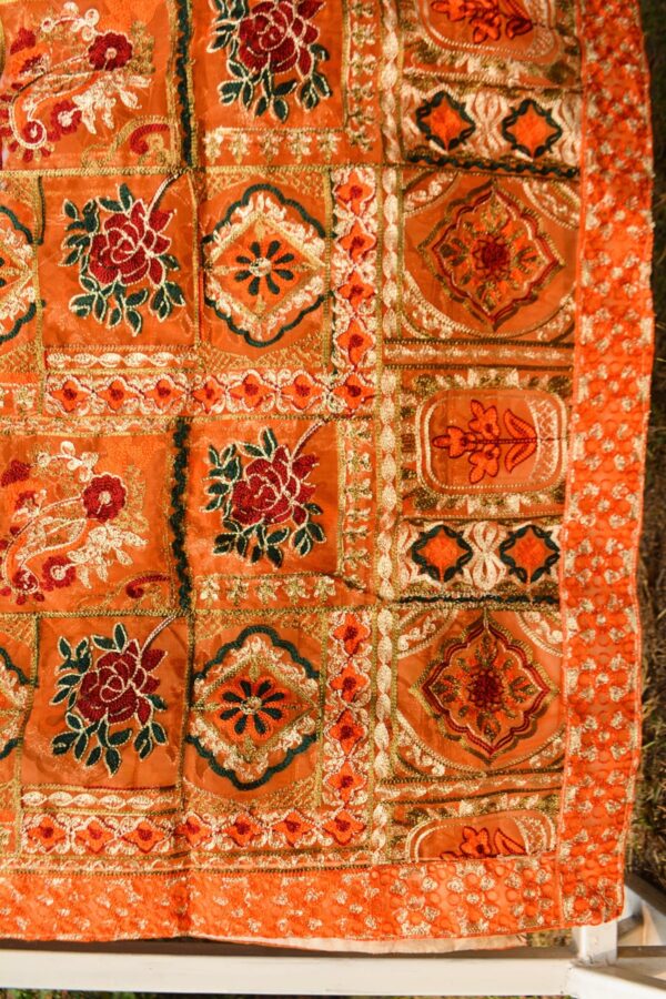 Embroidered Bakhtawar Dupatta - Orange Flora - Image 4