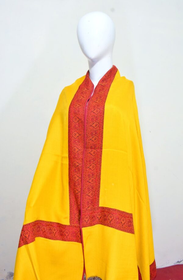 Kani Shawl with Scarlet Patch Border – Golden Yellow - Image 3