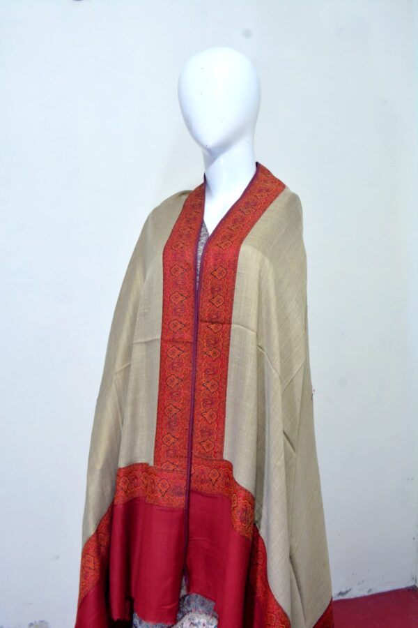 Kani Shawl with Scarlet Patch Border – Grey Olive