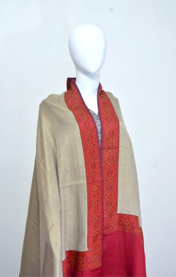 Kani Shawl with Scarlet Patch Border – Grey Olive - Image 3