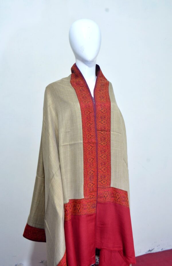 Kani Shawl with Scarlet Patch Border – Grey Olive - Image 4