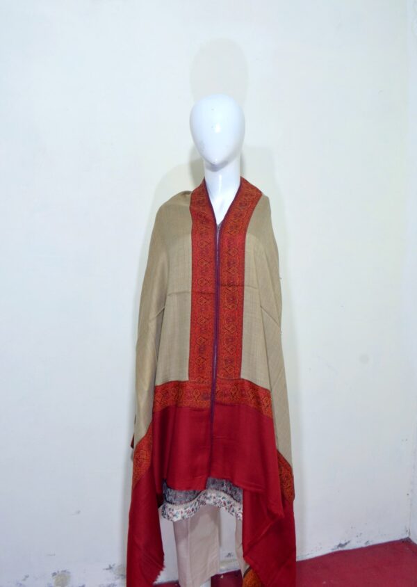 Kani Shawl with Scarlet Patch Border – Grey Olive - Image 5