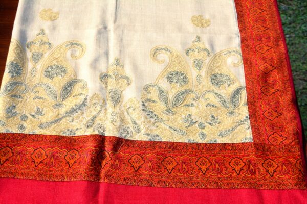 Cashmere TajPala Shawl – Scarlet Paisley Border – Pearl Bush - Image 2