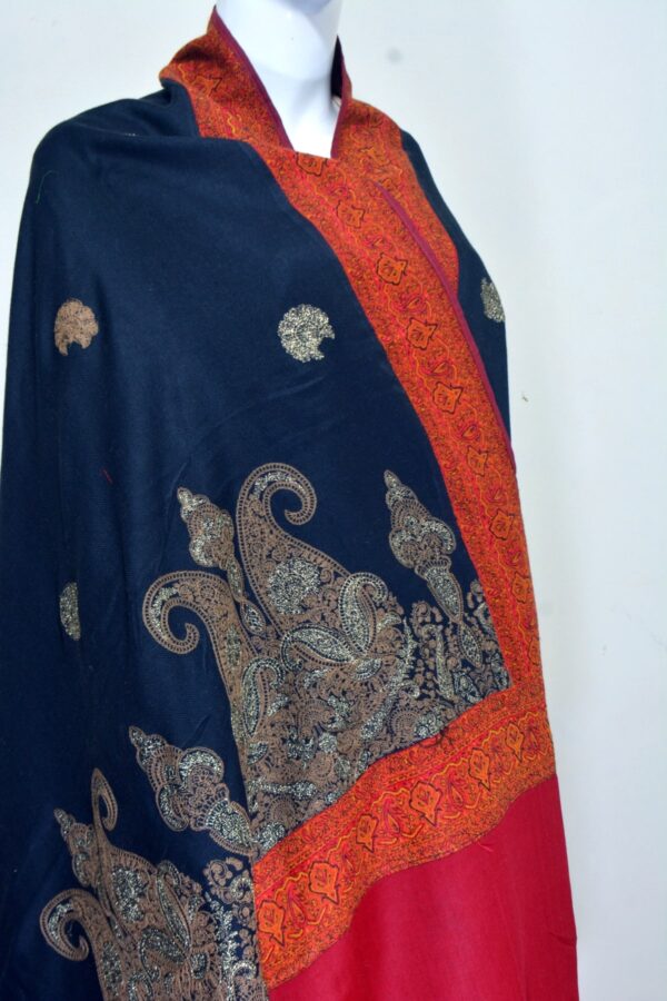 Cashmere TajPala Shawl – Scarlet Paisley Border – Black - Image 3