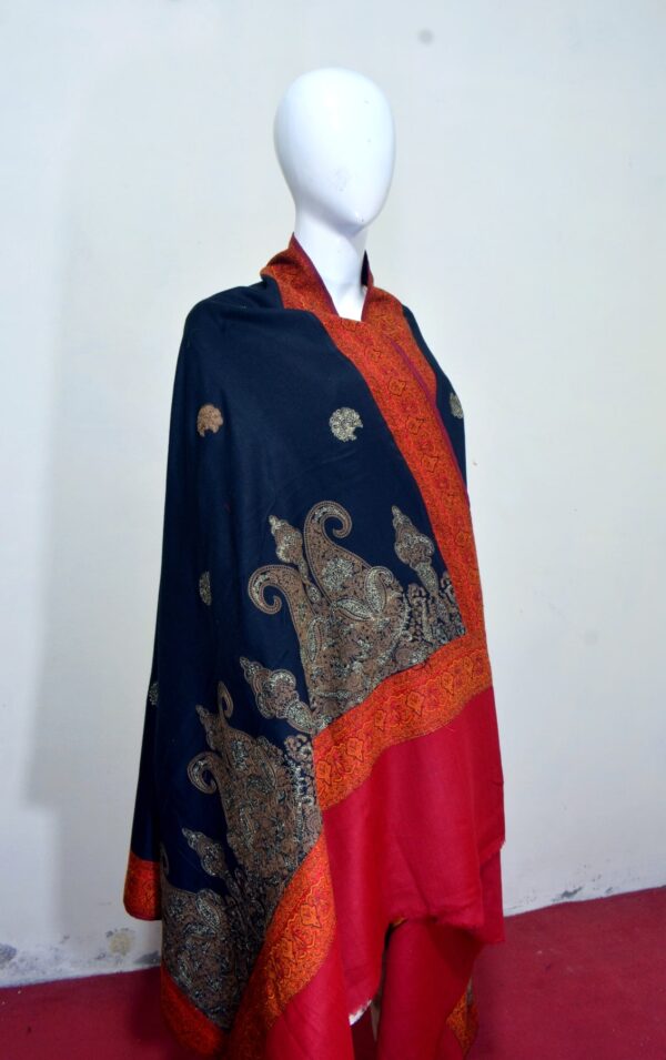 Cashmere TajPala Shawl – Scarlet Paisley Border – Black - Image 4