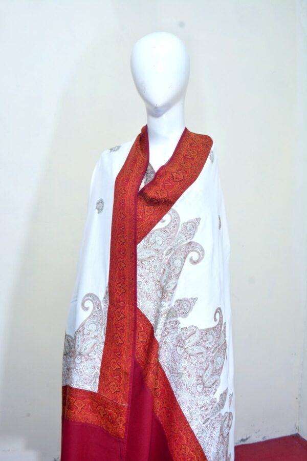 Cashmere TajPala Shawl - Scarlet Paisley Border – White