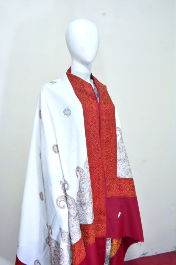 Cashmere TajPala Shawl - Scarlet Paisley Border – White - Image 3