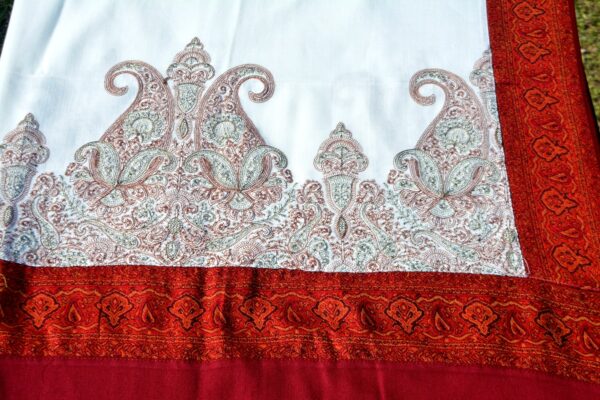 Cashmere TajPala Shawl - Scarlet Paisley Border – White - Image 5