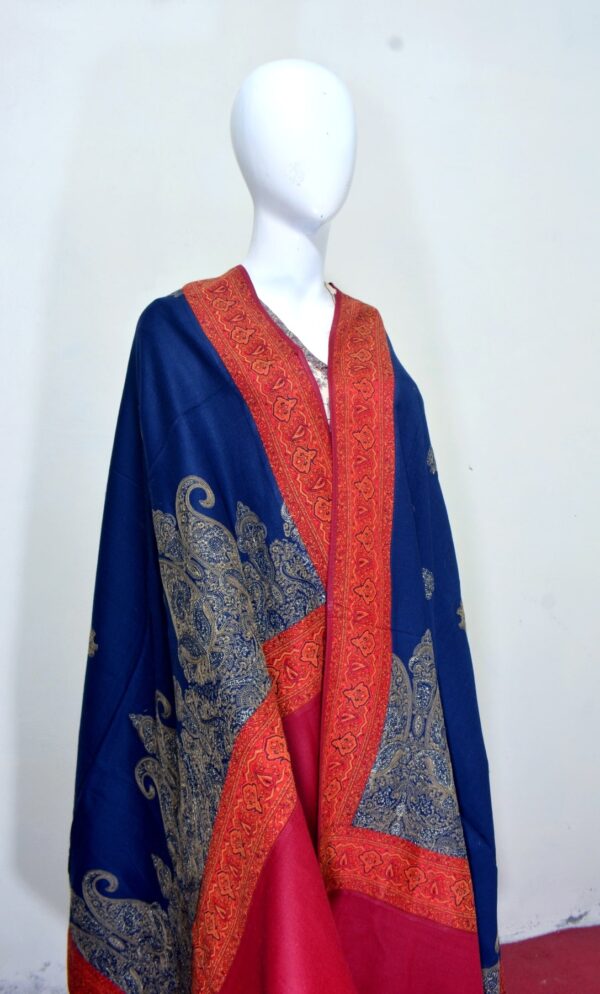 Cashmere TajPala Shawl - Scarlet Paisley Border – Deep Blue