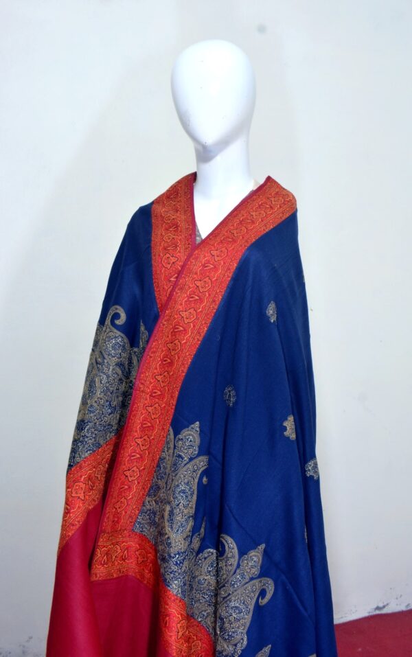 Cashmere TajPala Shawl - Scarlet Paisley Border – Deep Blue - Image 2