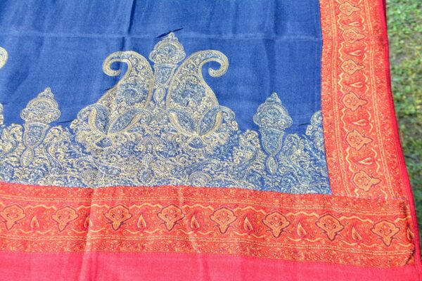 Cashmere TajPala Shawl - Scarlet Paisley Border – Deep Blue - Image 3