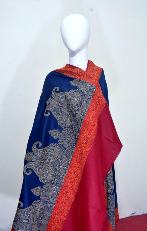 Cashmere TajPala Shawl - Scarlet Paisley Border – Deep Blue - Image 4