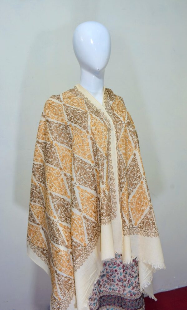 Cashmere Wool Stole with Aari Jal Embroidery - Yellow Diamond Pattern