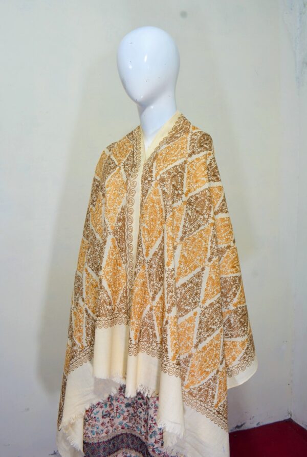 Cashmere Wool Stole with Aari Jal Embroidery - Yellow Diamond Pattern - Image 3