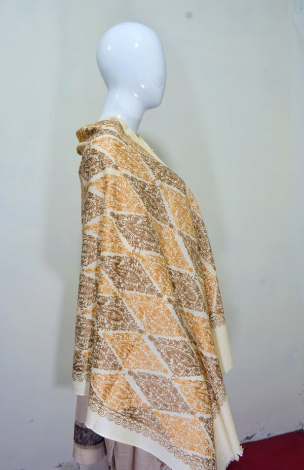 Cashmere Wool Stole with Aari Jal Embroidery - Yellow Diamond Pattern - Image 4