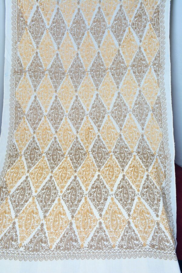 Cashmere Wool Stole with Aari Jal Embroidery - Yellow Diamond Pattern - Image 5