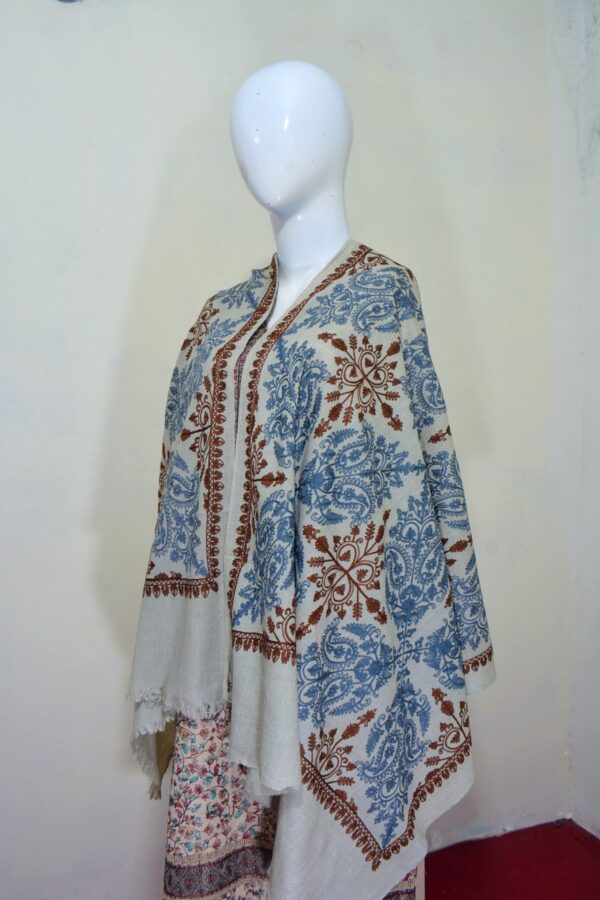 Cashmere Wool Stole with Aari Jal Embroidery – Blue Floral Pattern